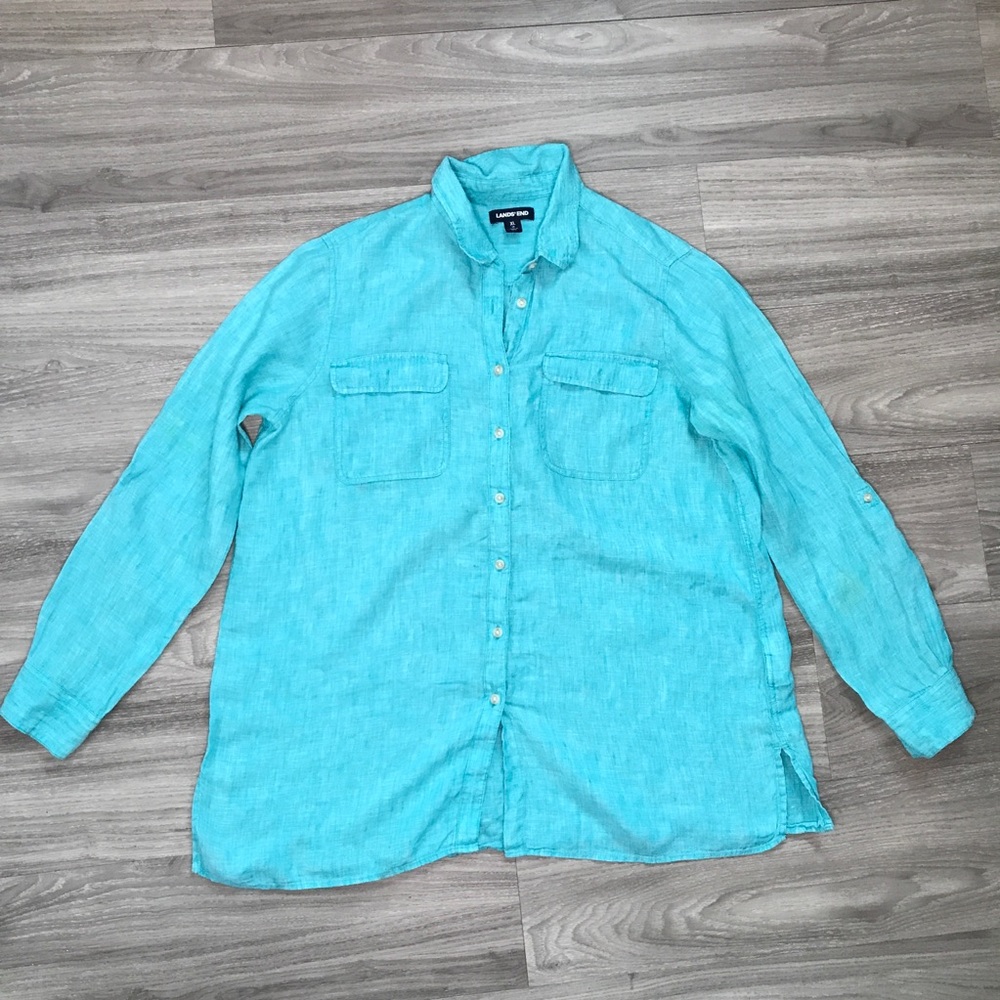 LANDSEND WOMENS SHIRT 100% LINEN BLUE LONG SLEEVE BUTTON FRONT XL
